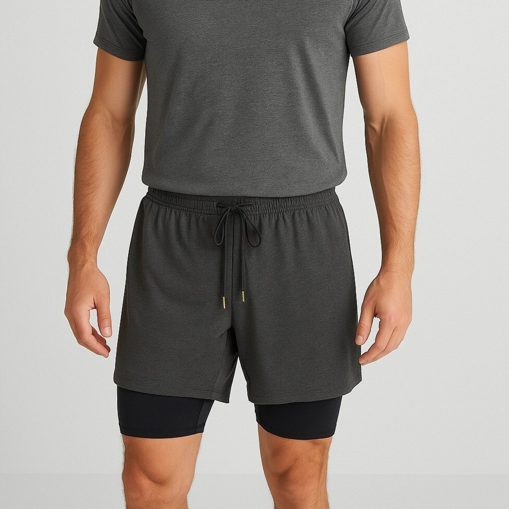 OHMME 2-in-1 Running Shorts Lined Athletic Gym Workout Drawstring Gray‎ Small